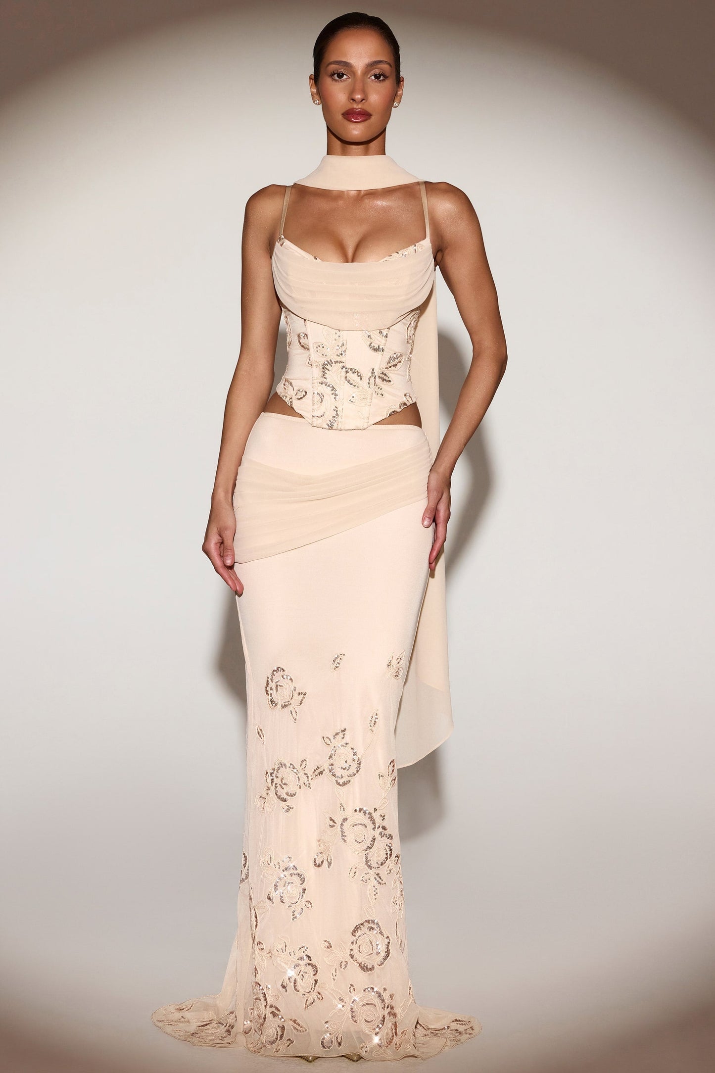 Embellished Lace-Up Corset Top With Scarf in Gold